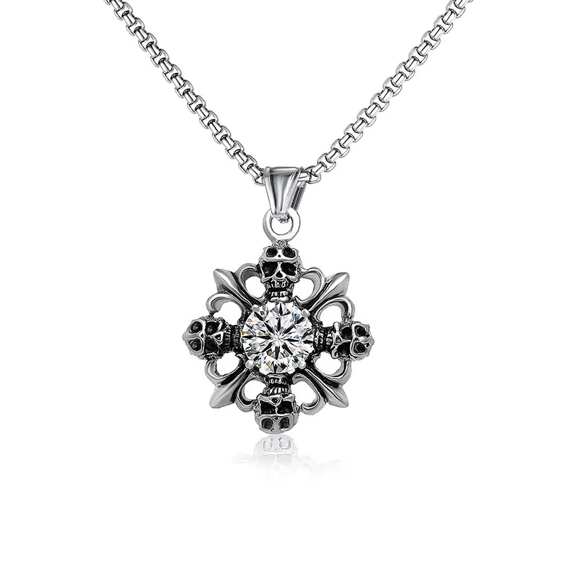 红色黑色白色镶钻哥特花纹骷髅头项链男士钛钢不锈钢吊坠