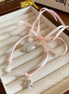 甜美爱心珍珠绑带项链小众简约设计感锁骨链个性时尚心项饰女