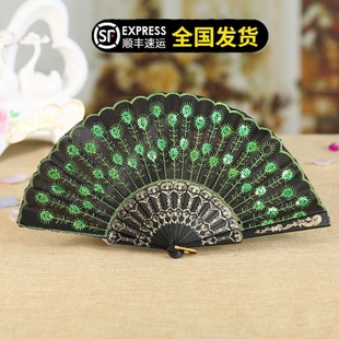 厂家直销 手工绣花亮片扇子咏春扇子 工艺舞蹈扇子黑杆亮片工艺扇