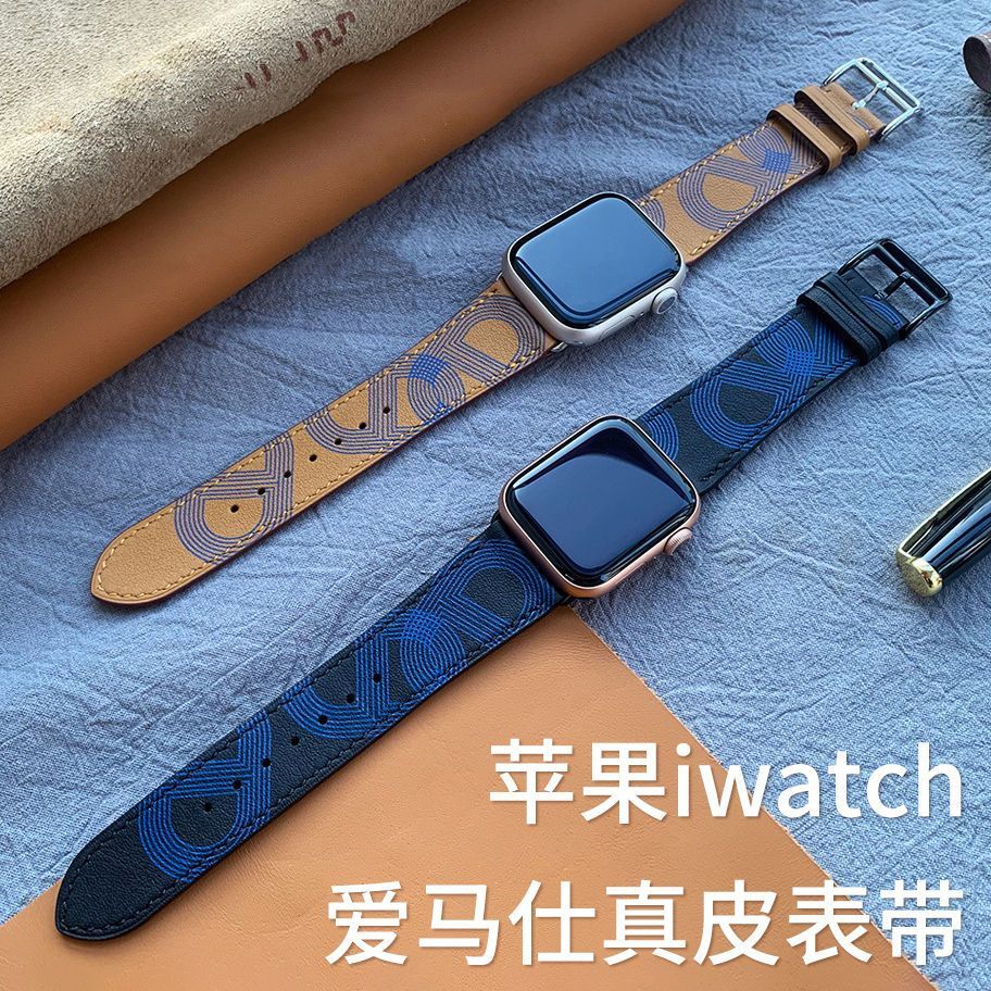 适用苹果iwatch10真皮表带Apple watch987SE爱马橙Ultra2皮革腕带
