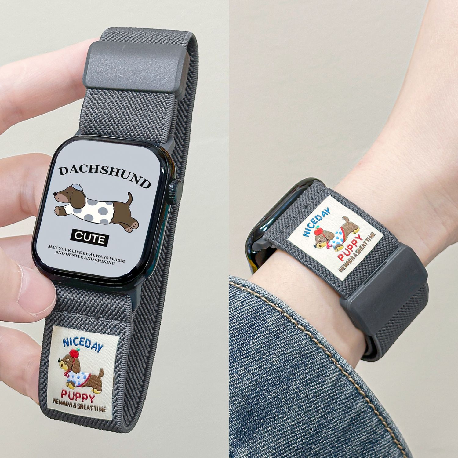 腊肠狗适用苹果iwatchS11手表表带s10磁吸9876SE2/3平纹编织尼龙