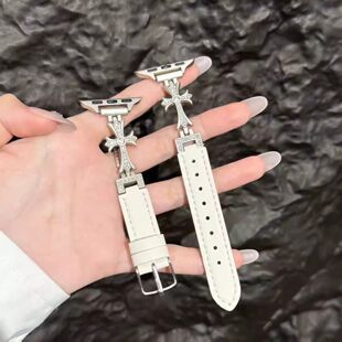 适用于苹果s11s10通用UItra3代气质镶钻十字架拼皮iWatchSE女表带