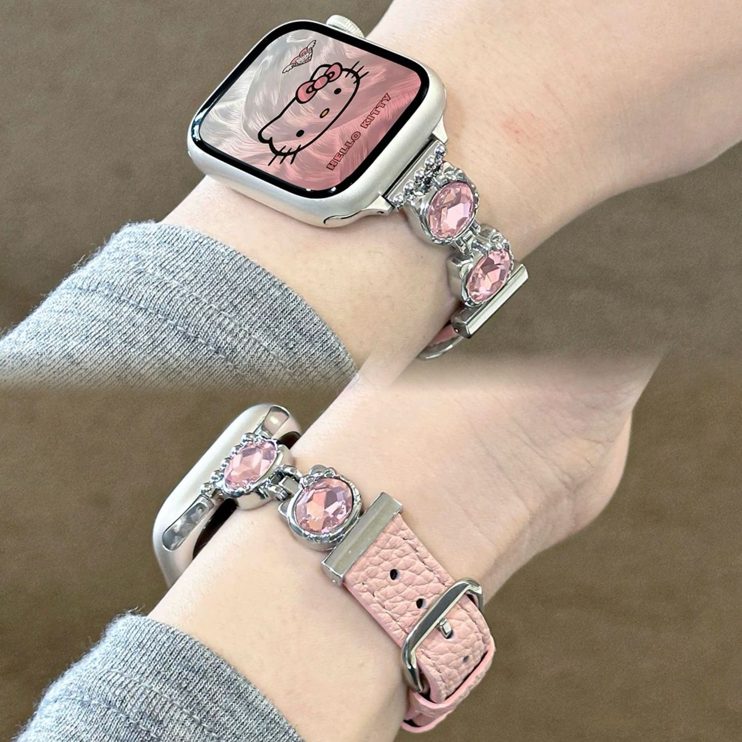 适用OPPOWatchX/X2mini可爱KT猫咪闪钻拼皮2se手表带女watch34pro