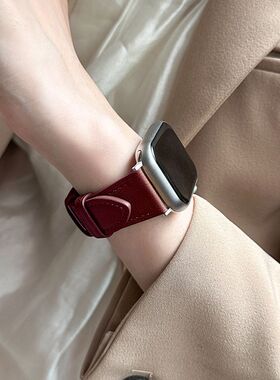 ins苹果iwatchS11/S10/98真皮表带女apple watchSE小众羊皮表带新