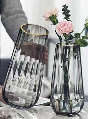 北欧ins简约描金原色玻璃花瓶透明客厅插花百合水培花器鲜花摆件