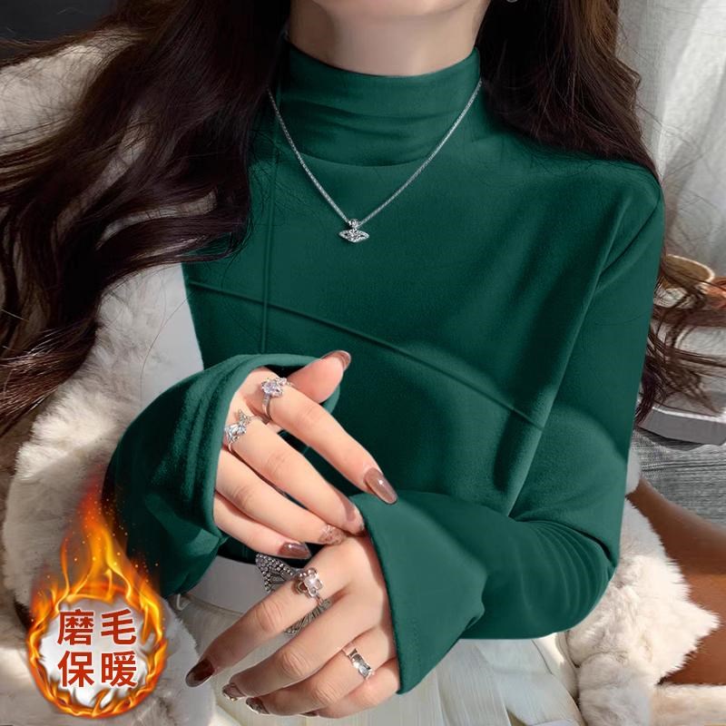 加厚双面磨毛德绒保暖半高领打底衫女秋冬黑色内搭新款洋气上衣