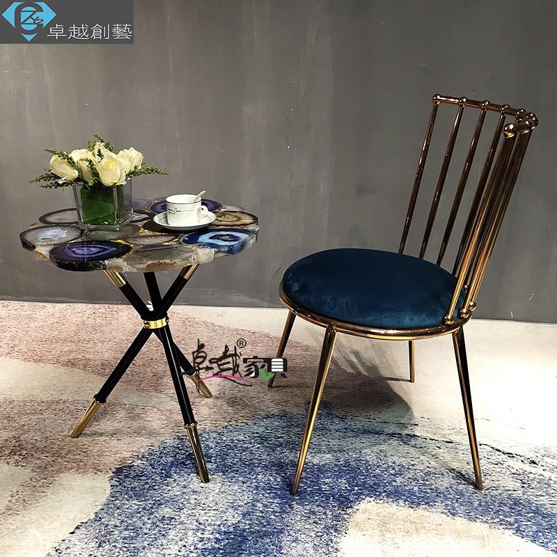 设计师餐桌别墅轻奢天然玛瑙洽谈桌椅组合异形咖啡桌子不锈钢圆桌
