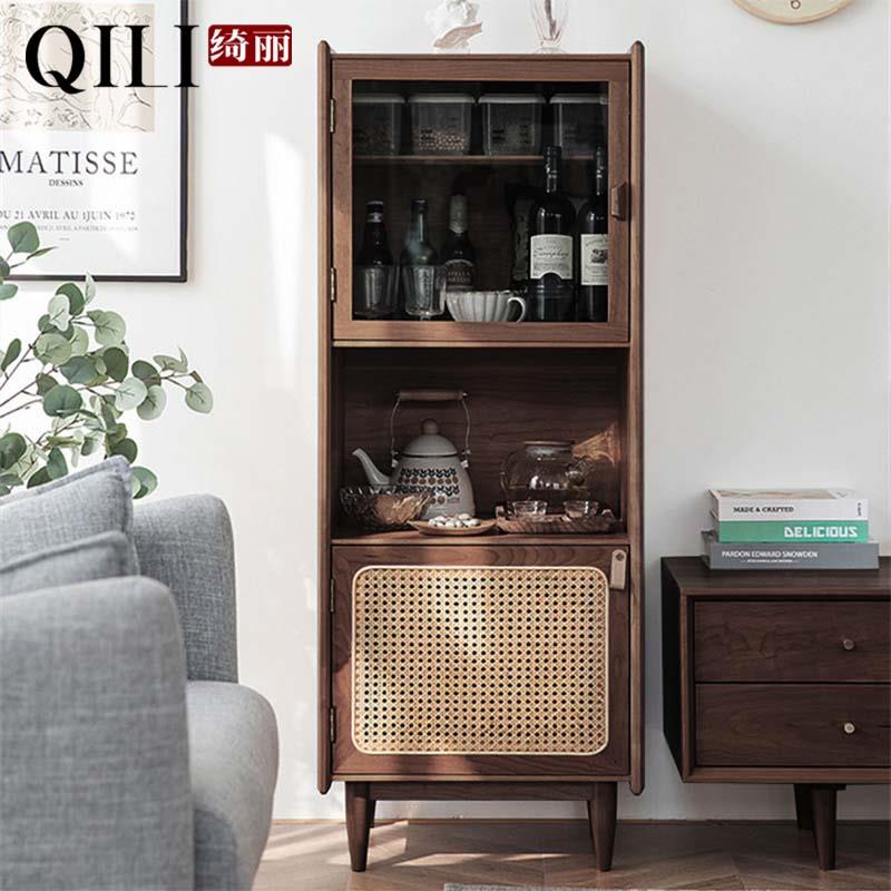 小尺寸客厅储物柜一体靠墙超薄日式藤编酒柜极窄型高柜餐边柜实木