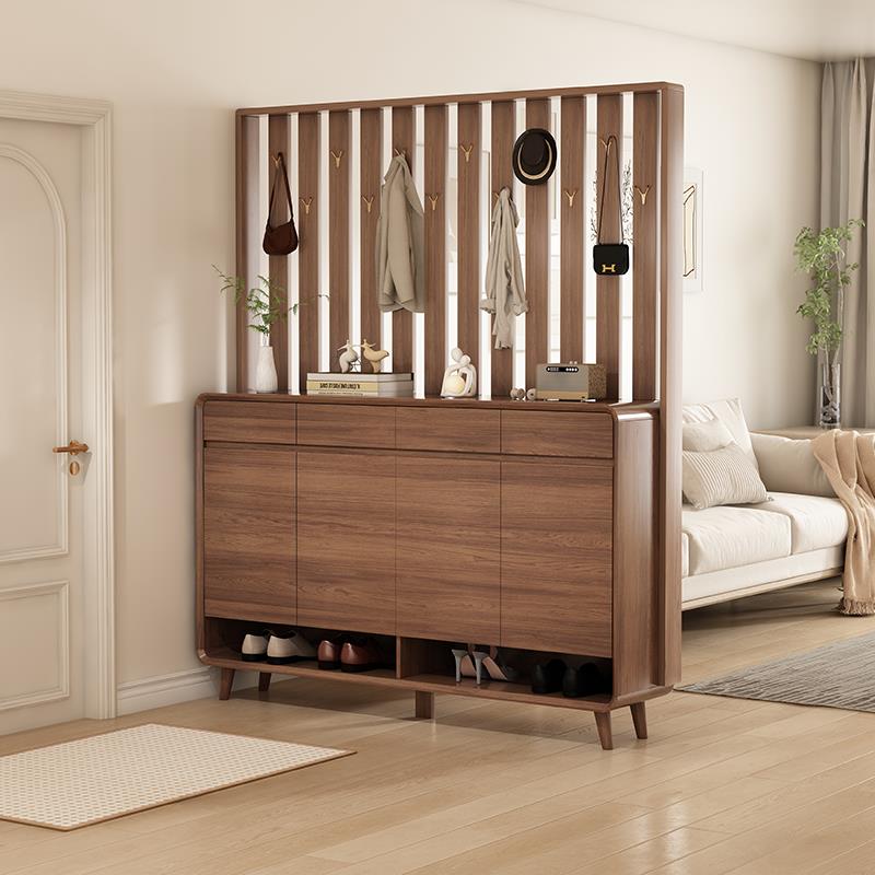 新中式入户门鞋柜带挂衣架一体落地靠墙家用卧室胡桃色客厅置物架
