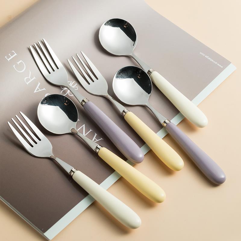 高颜值陶瓷把不锈钢勺子叉子网红 家用长柄汤勺韩式干 干饭勺甜品