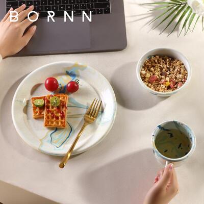 土耳其bornn搪瓷手工餐盘泼墨餐具盘子牛奶杯家用酸奶沙拉碗托 托