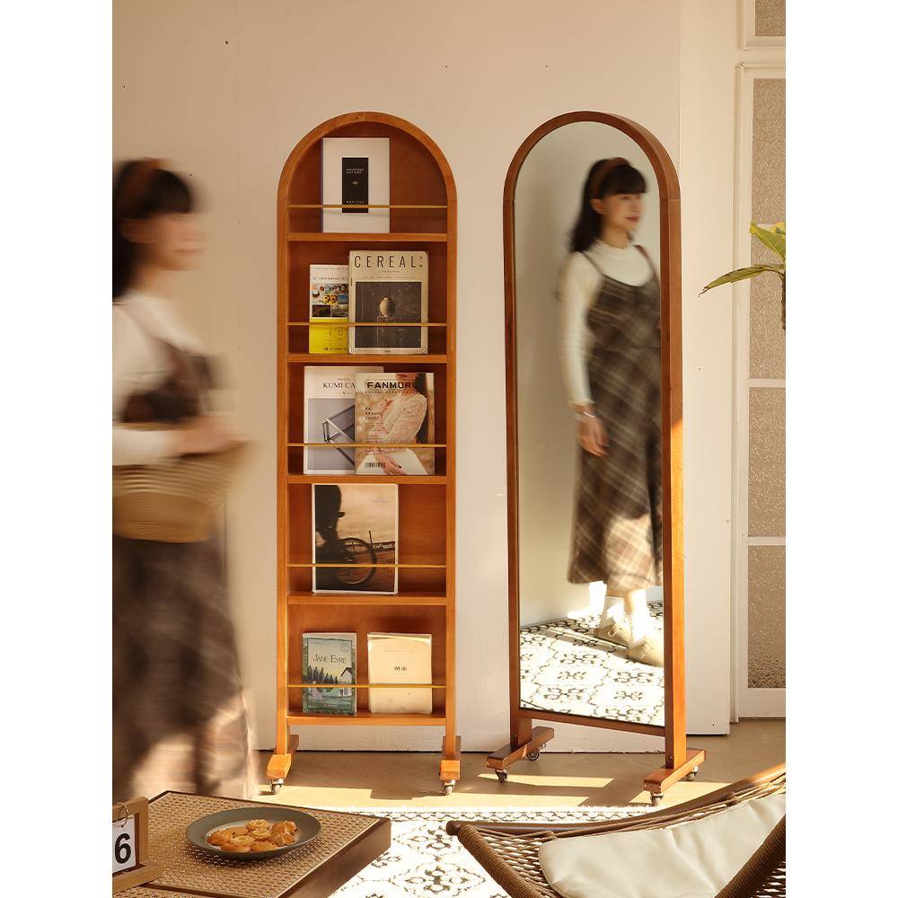 中覆古实木落地全身镜子穿衣杂志书架家用可移动旋转法式客厅收纳