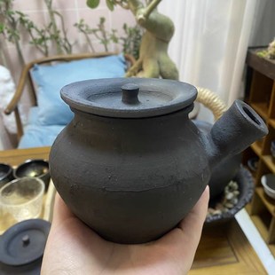 传统老式土陶单柄复古土砂锅家用煲汤I熬粥沙锅土茶壶黑陶不上釉