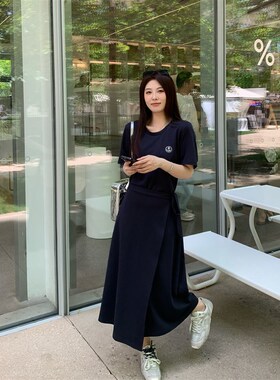 NAZ那子大码夏季棉氨混纺弹力z针织连衣裙胖mm设计感绑带气质裙