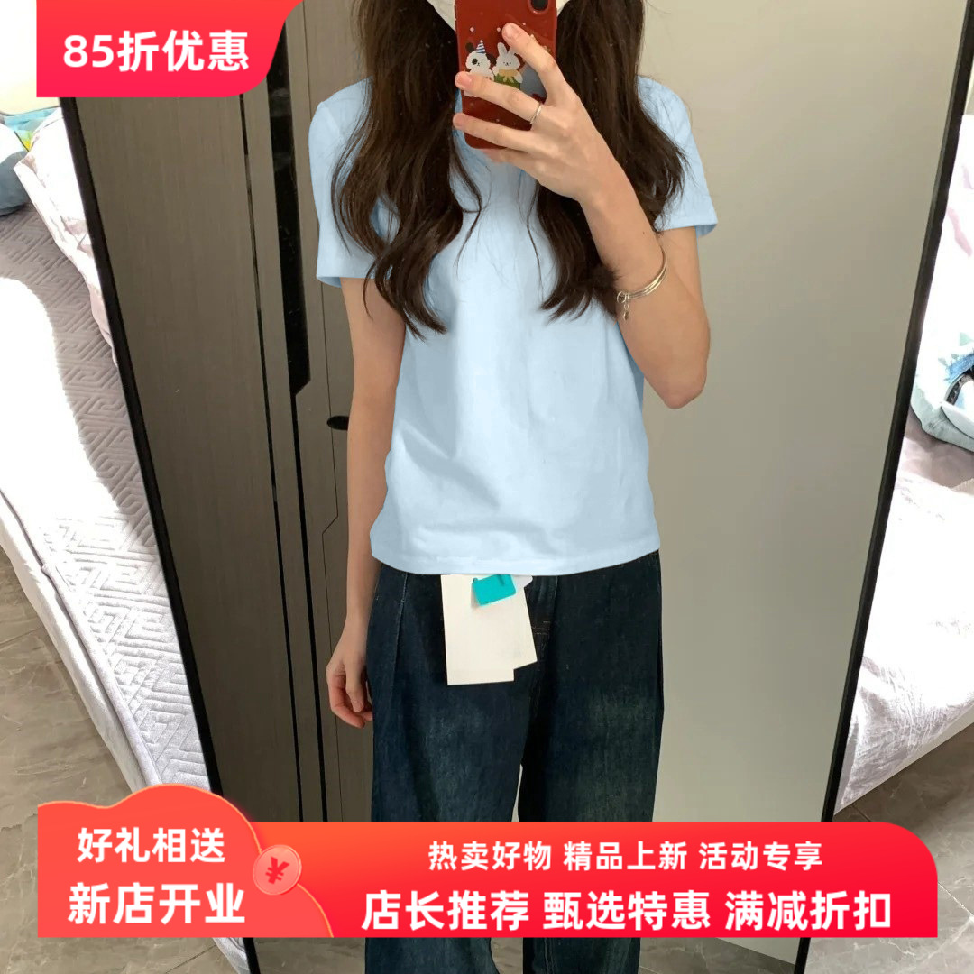 夏季2025新款浅蓝色纯棉T恤女正肩简约休闲显瘦上衣基础百搭短袖