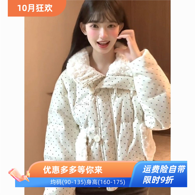 美式复古设计感小众波点棉服上衣女冬季甜美可爱保宽松显瘦外套