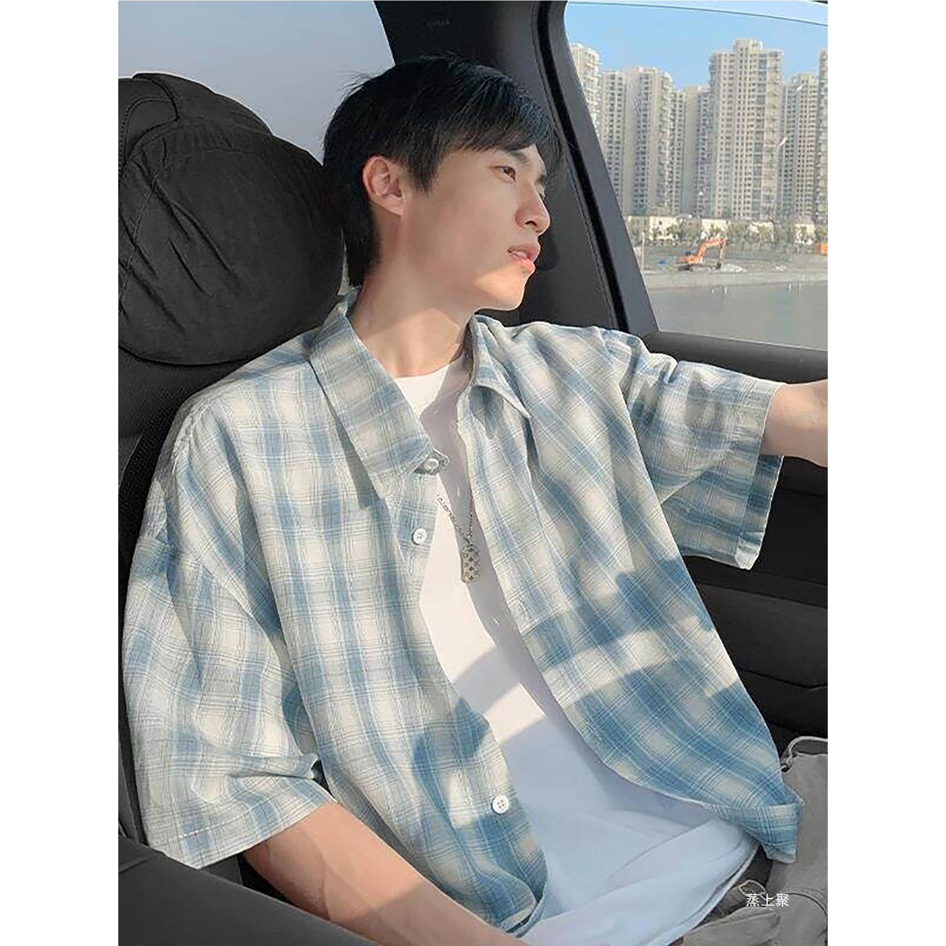 松弛感慵懒格子衬衫男短袖感潮牌