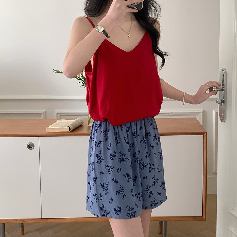 新款春夏季印花睡衣两件套带胸垫吊带短裤套装休闲女士家居服秋款