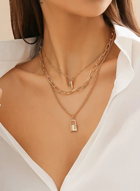 欧美饰品 时尚镶钻钥匙锁形吊坠项链 简约金属链条锁骨项饰女