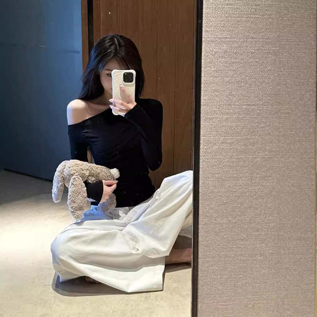 纯欲辣妹修身显瘦露肩长袖T恤女装早秋设计感百搭打底衫学生上衣