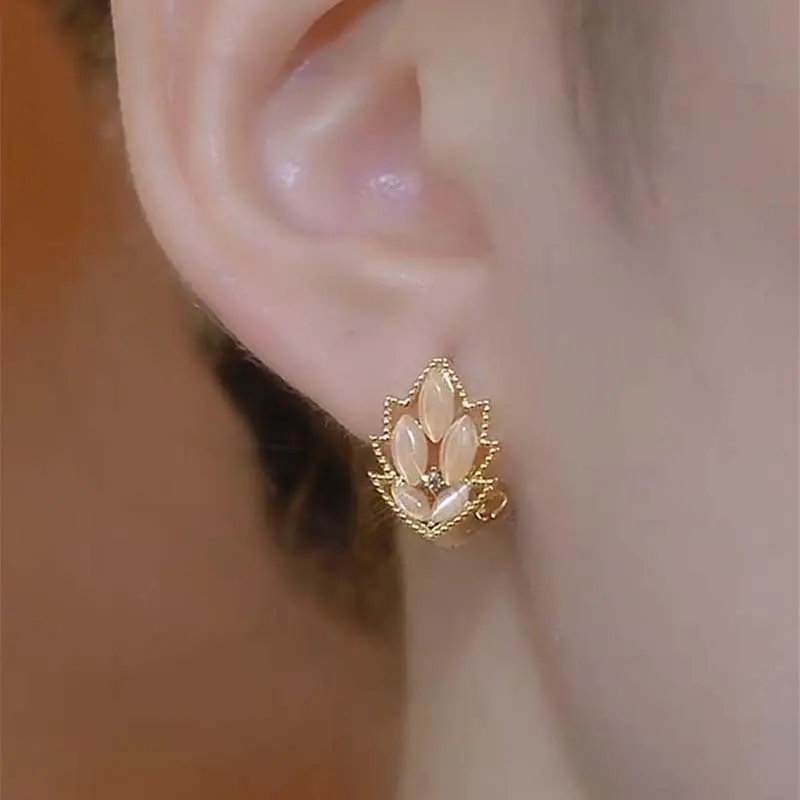 双面镶钻树叶石耳环精致简约百搭耳扣时尚轻奢高级感耳饰