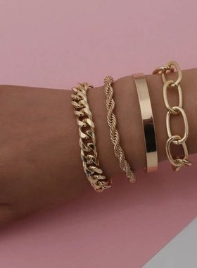 欧美饰品 光滑形混搭麻花链手饰 简约螺纹夸张o字链套装手链