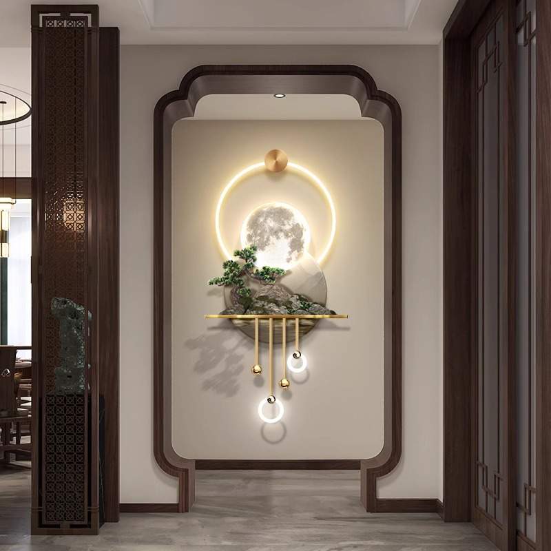 3D立体玄关装饰画走廊尽头led壁灯轻奢中式挂画过道发财树山水画图片