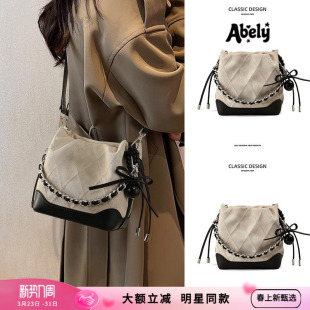 Abely阿贝莉水桶包女2026新款 小香风牛仔包手提链条单肩斜挎小包