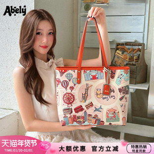 阿贝莉印花女包托特包包2026新款可爱单肩手提上班上课大容量包包