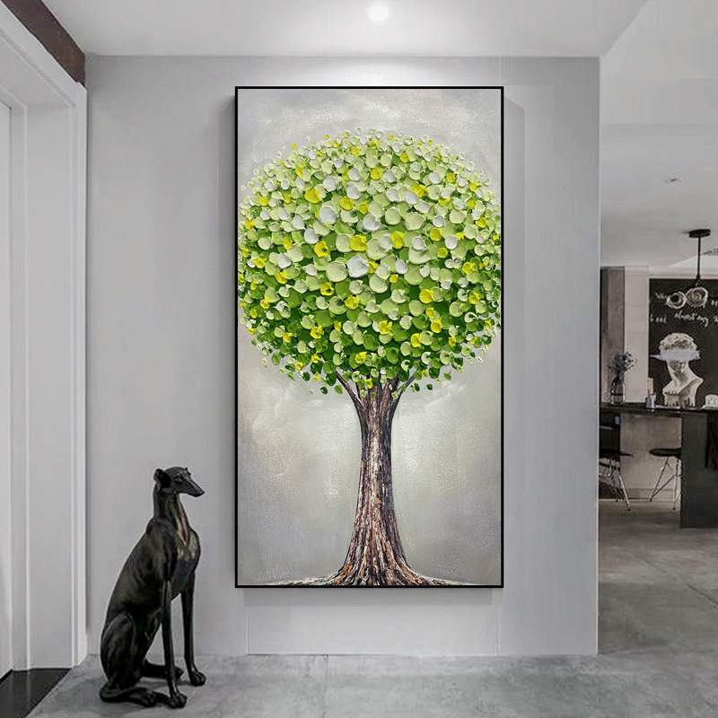 入户玄关装饰画客厅轻奢立体挂画竖版现代厚油手绘绿色发财树油画图片