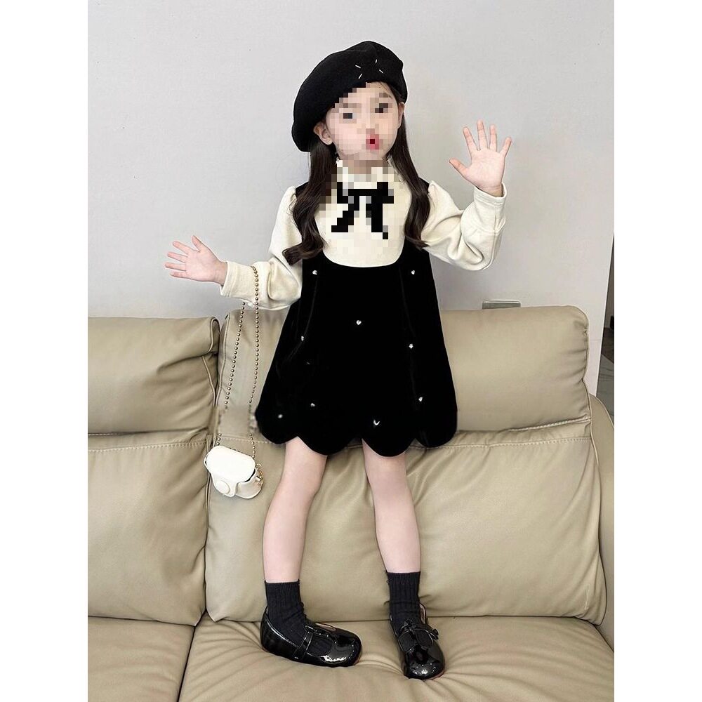2025新款韩版女童秋冬新款学院风假两件连衣裙中小童甜美气质亮钻