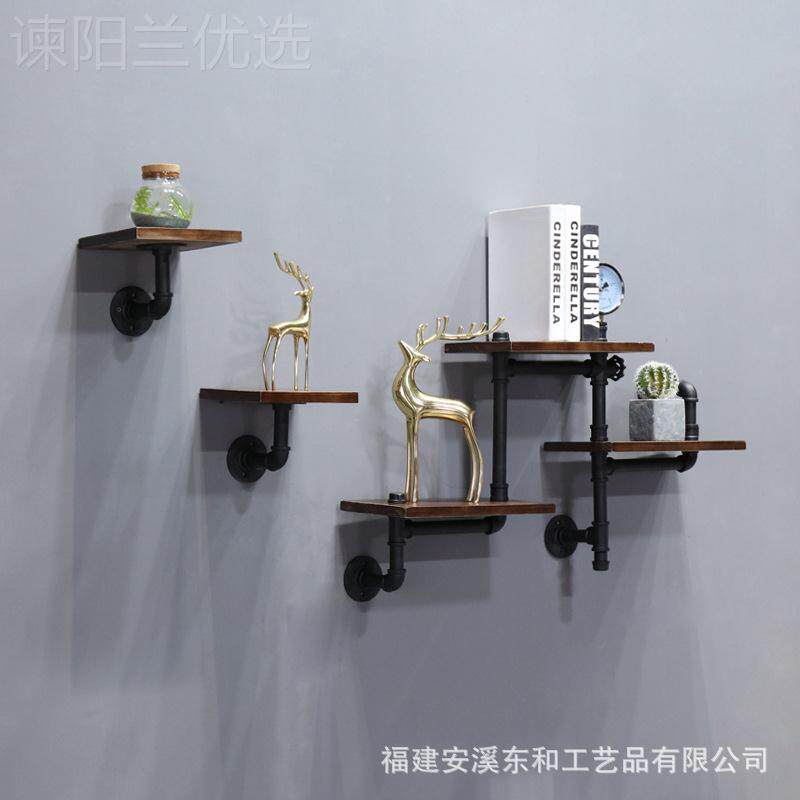 厂美式复古业风水管架置物 铁艺HXJ实木壁挂搁板装饰客厅书架工供