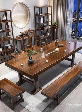 JSR新中式家用实大板茶木桌椅组合夫禅意泡茶台办公茶一体一整功