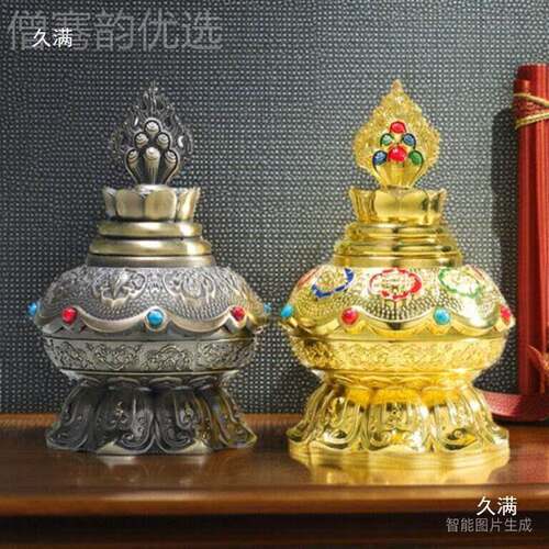 藏式合金寿摩宝瓶八吉祥宝瓶龙地藏王长尼用王彩RRA绘摆件