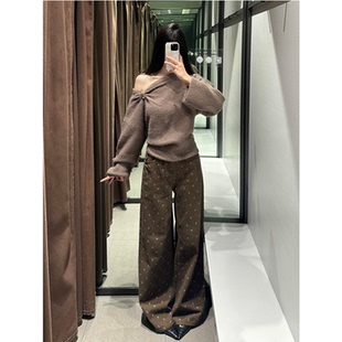 女秋冬加绒宽松直筒拖地裤 180高个子加长美式 棕色碎花阔腿牛仔裤