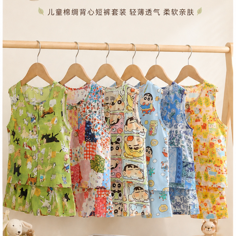 夏季儿童棉绸睡衣套装男女童薄款