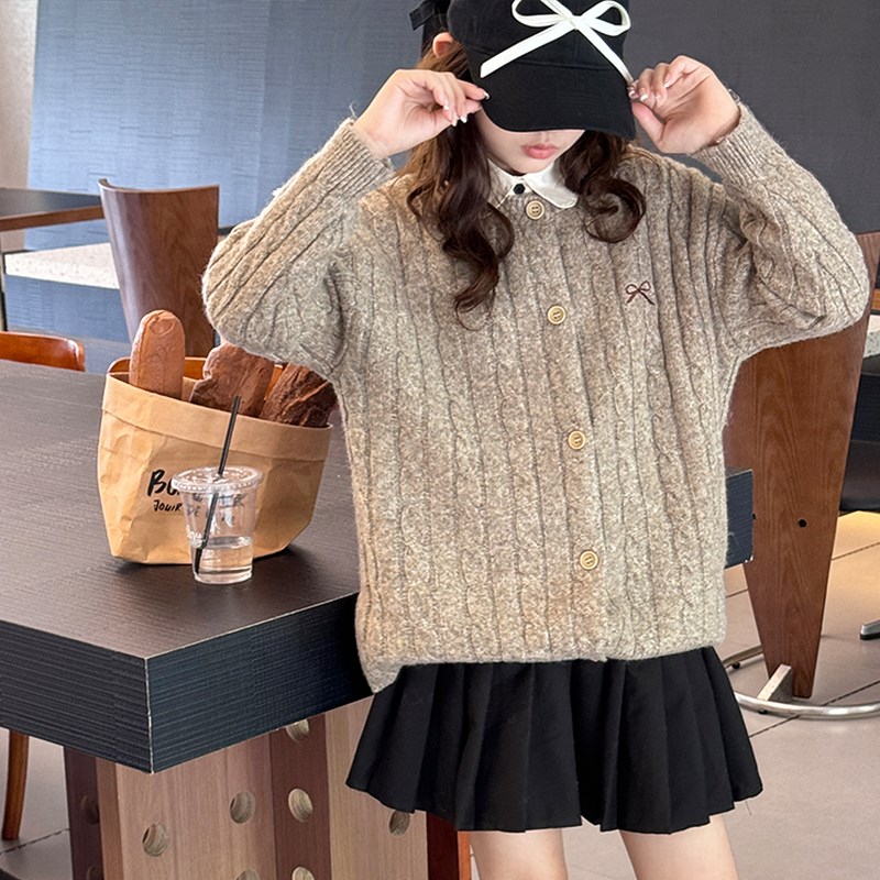 女童针织开衫毛衣外套2024秋季新款儿童休闲时尚麻花纹童装上衣潮