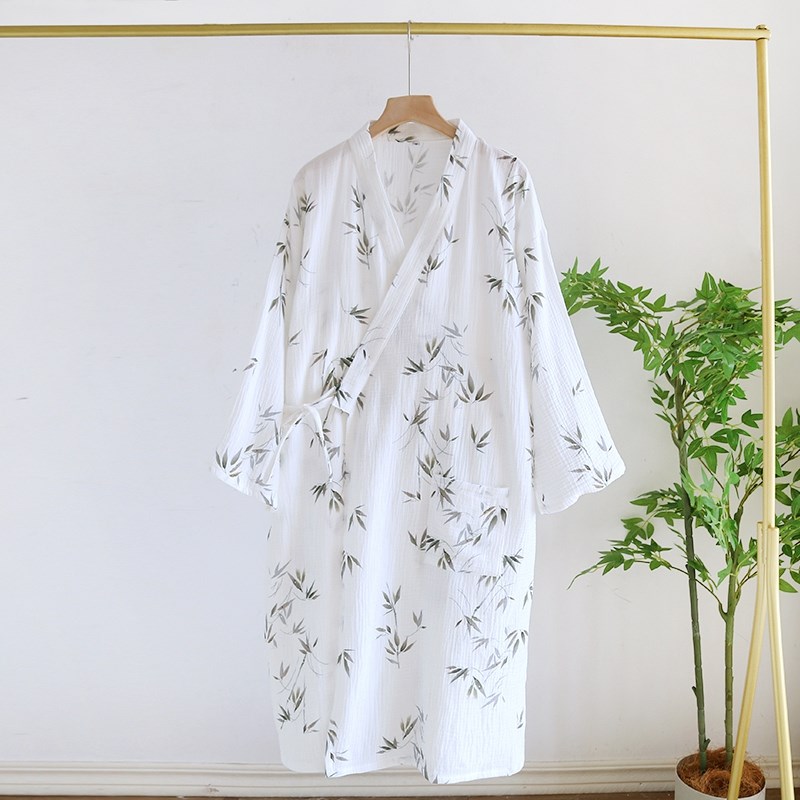 睡袍女夏季薄款纯棉纱布全棉绉布春秋中长款和服式系带浴袍家居袍