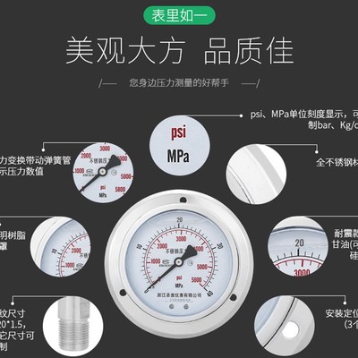 YN100BFZT不锈钢轴向带耐震边压力表耐高温腐蚀气压表油压真空表