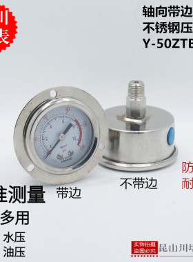 轴向带边全不锈钢304压力表Y-50ZTBF上海天川仪表背式耐高温防腐
