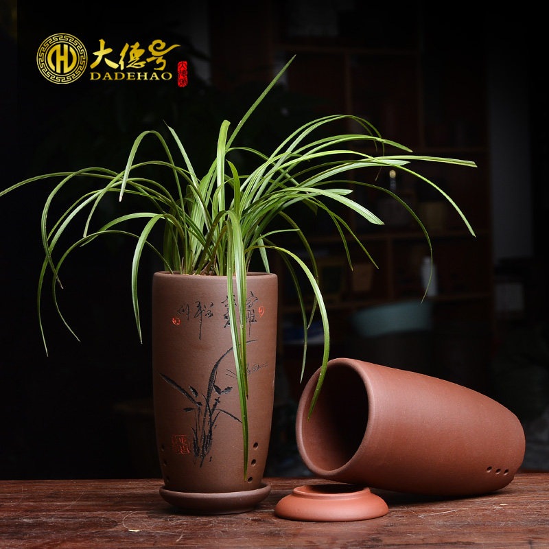 紫砂兰花盆精品盆栽绿植文竹花盆梅兰竹菊创意简约古典签筒花盆