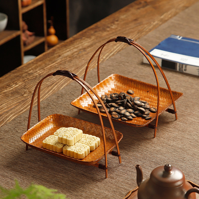 竹编大漆水果篮子手工编织簸箕圆形竹筐复古茶点盘家用竹篓收纳筐