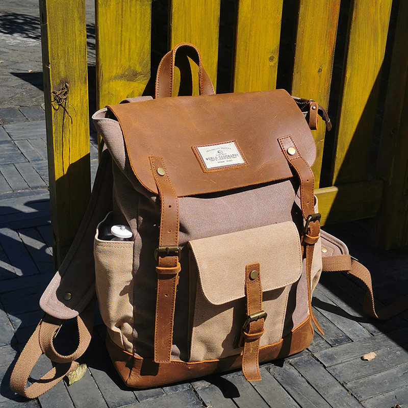 世界地理真皮背包男士复古双肩包笔记本电脑15.6英寸帆布学生书包