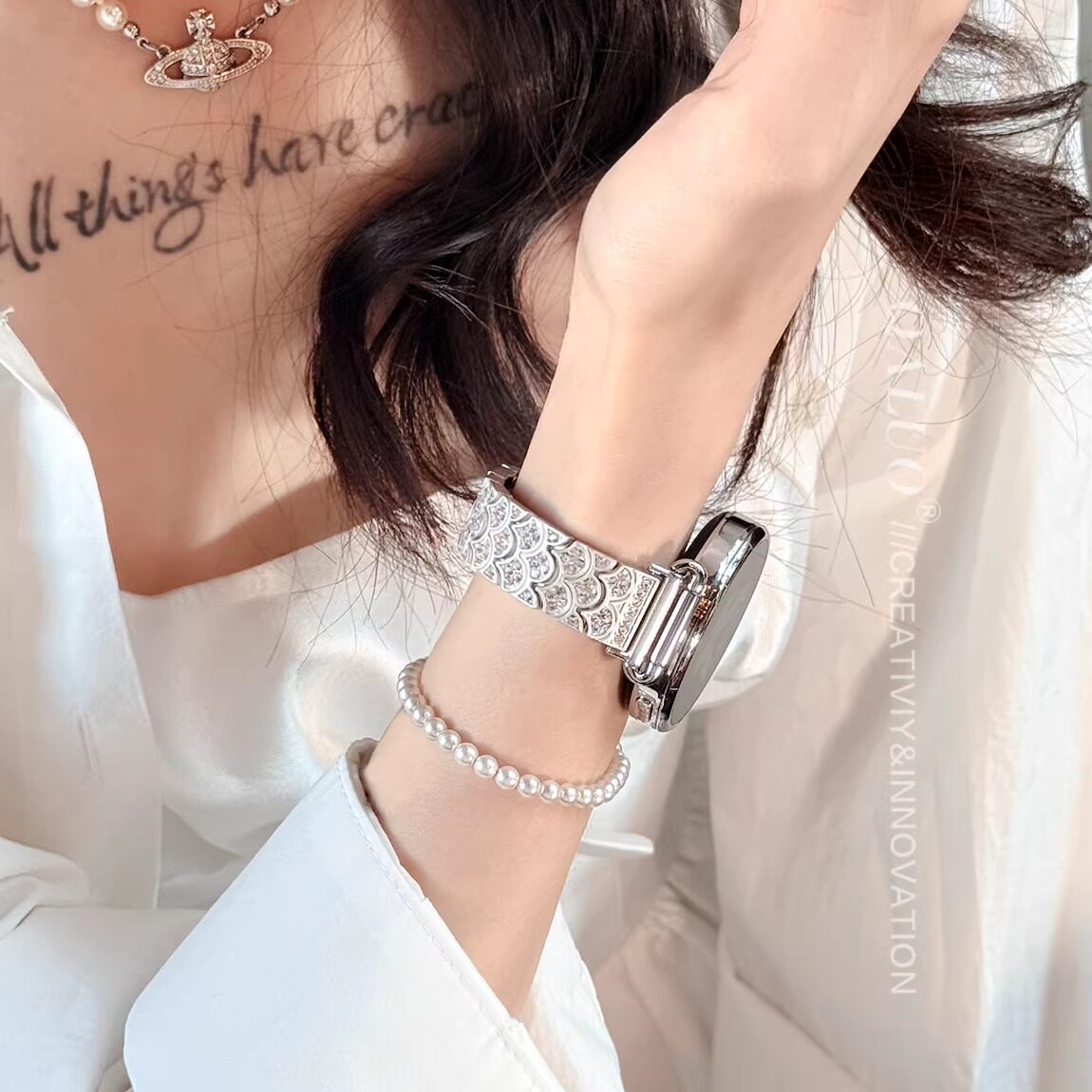 QALUO新款〔美人鱼鳞〕适用华为手表watchGT6/gt5/fit5/4pro表带gt3/2pro轻奢荣耀watch5/4女生41/42mm金属