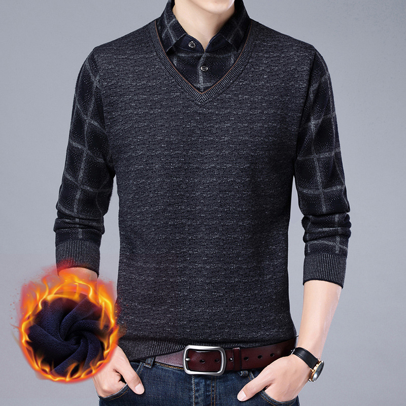 冬季爸爸加绒加厚假两件毛衣中年男士衬衫领保暖针织衫爷爷打底衫