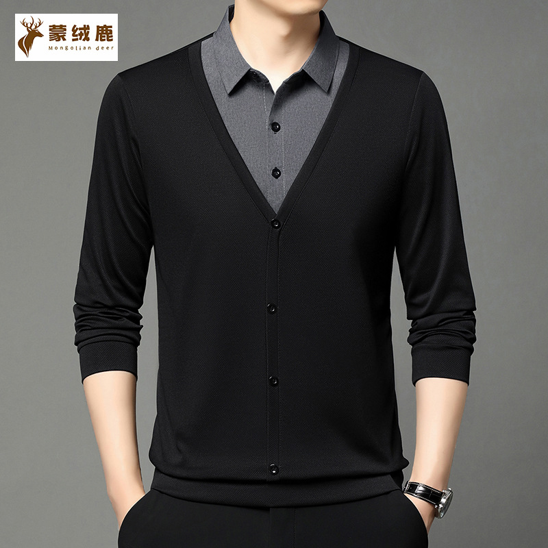 春秋衬衫领假两件长袖T恤男士宽松加肥加大码polo衫翻领商务休闲T