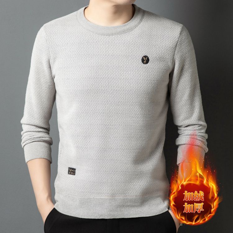 男士秋冬潮流雪豹加绒加厚长袖针织衫男宽松圆领上衣男装休闲毛衣