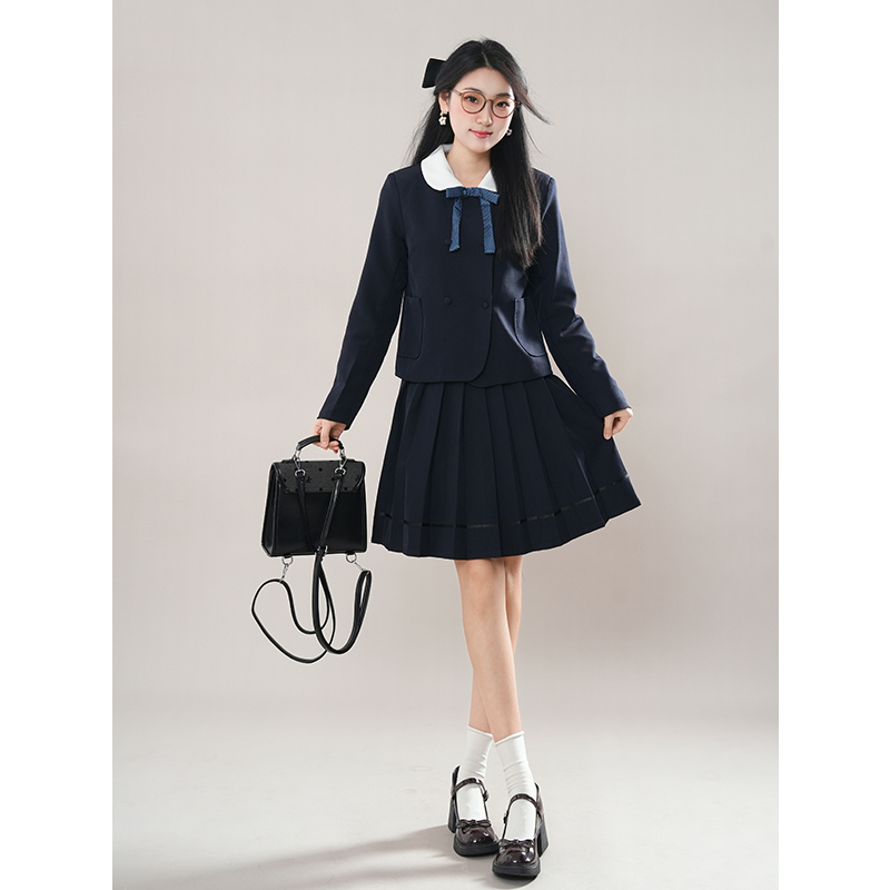 昭和少女 双排扣圆领西服外套+百褶裙两件套少女学院温柔风jk套装