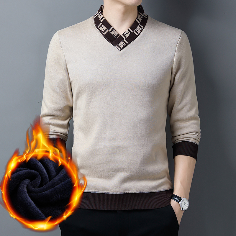 男装加绒加厚V领羊毛针织衫中青年毛衣打底衫内搭秋冬季休闲上衣