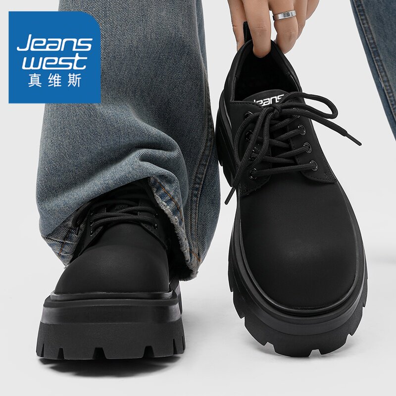 真维斯男鞋春季复古黑色商务百搭中帮工装皮鞋男士厚底大头德比鞋